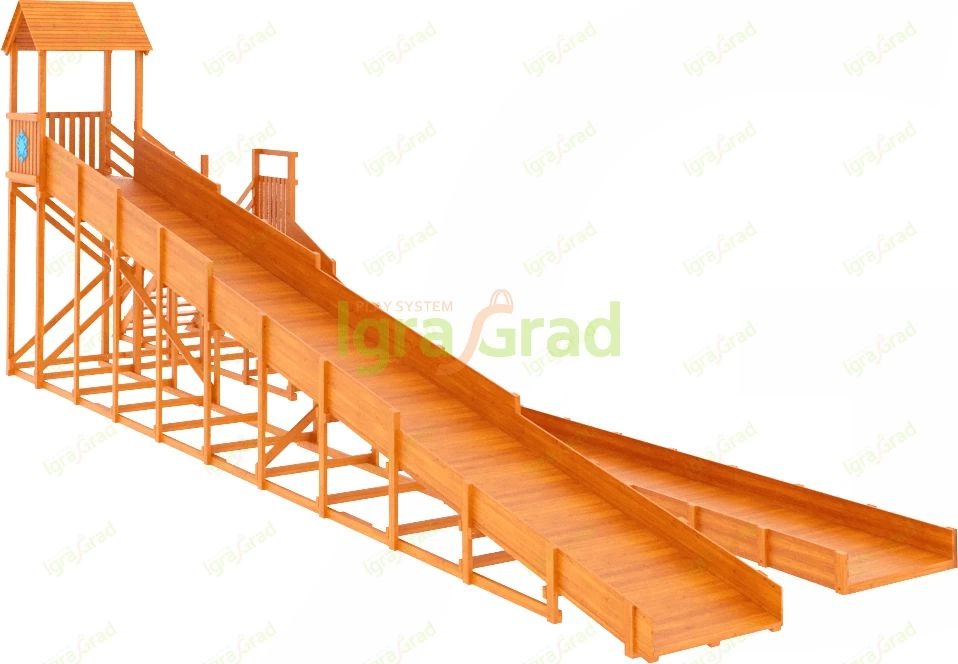 Зимняя деревянная горка IgraGrad Snow Fox 12 м с двумя скатами и выкатом 8 м