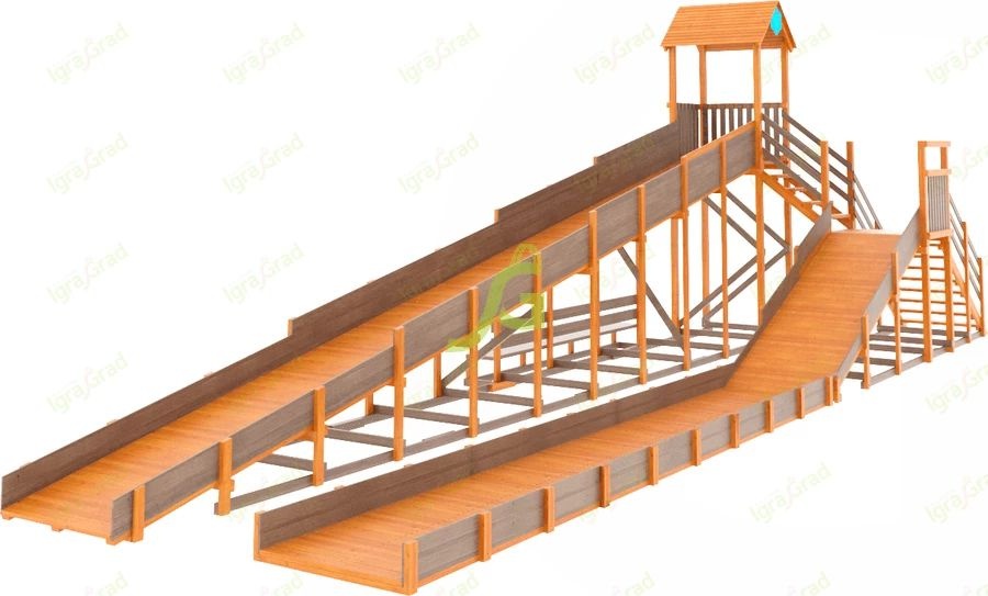 Зимняя деревянная горка IgraGrad Snow Fox 12 м с двумя скатами и выкатом 8 м