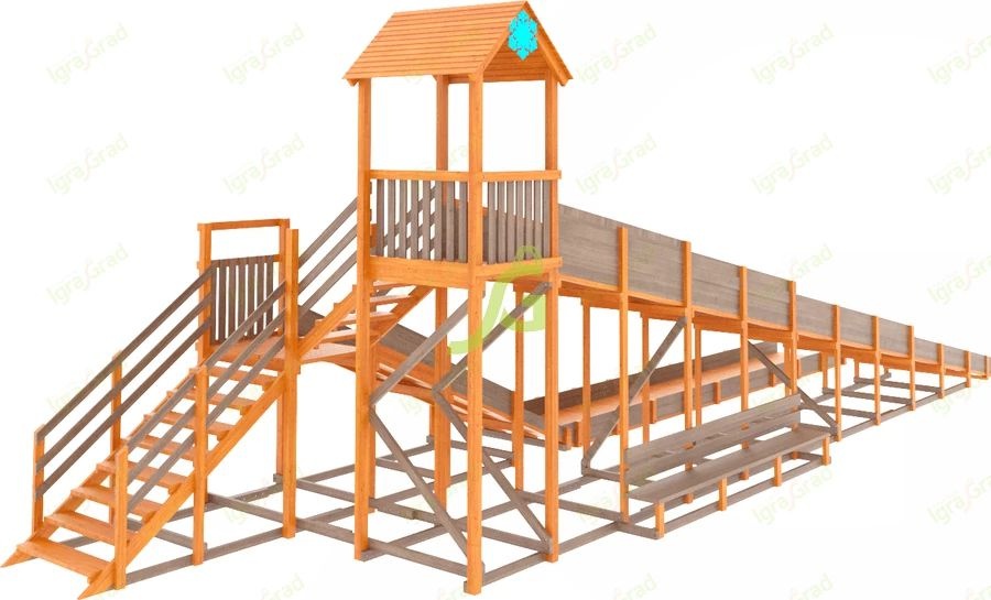 Зимняя деревянная горка IgraGrad Snow Fox 12 м с двумя скатами и выкатом 8 м