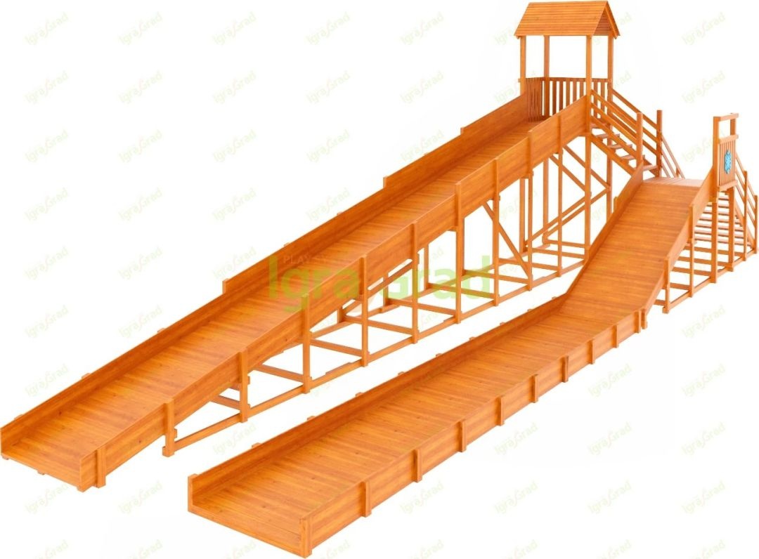 Зимняя деревянная горка IgraGrad Snow Fox 12 м с двумя скатами и выкатом 8 м