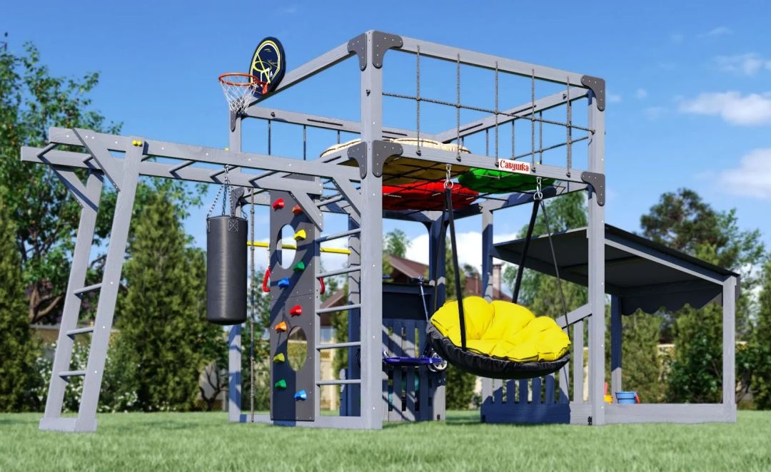 Детская площадка Савушка КУБ–4 (Серый) с подушками и песочницей