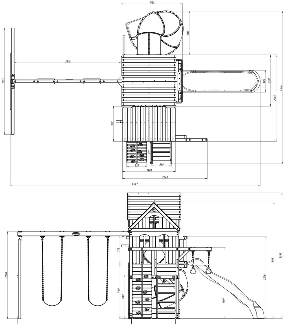 Детская деревянная площадка MoyDvor Панорама с трубой и спуском