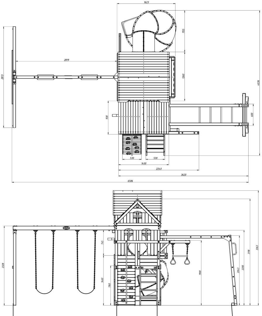 Детская деревянная площадка MoyDvor Панорама с трубой и рукоходом