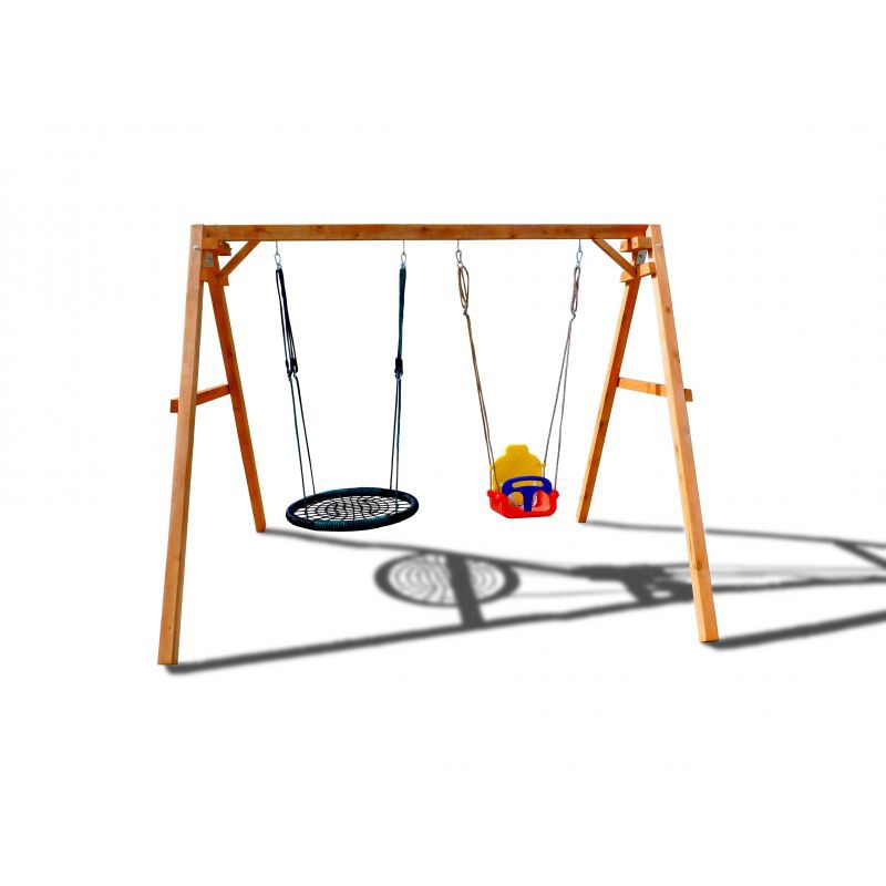 Деревянные качели Можга с качелями гнездо OVAL и качелями со спинкой