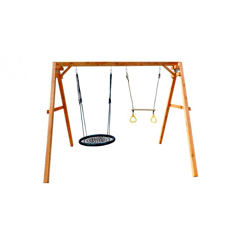Деревянные качели Можга с качелями гнездо OVAL и трапецией