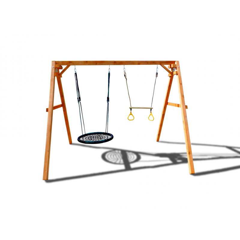 Деревянные качели Можга с качелями гнездо OVAL и трапецией