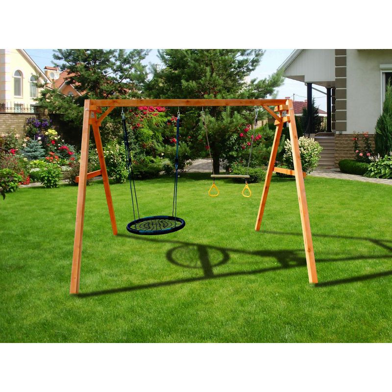 Деревянные качели Можга с качелями гнездо OVAL и трапецией