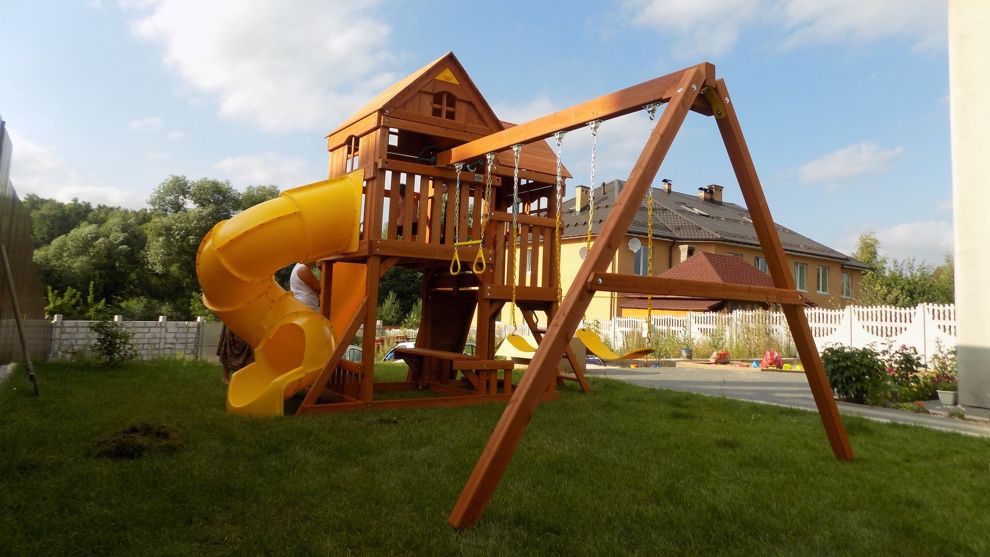 Детская деревянная площадка MoyDvor Панорама с трубой и спуском