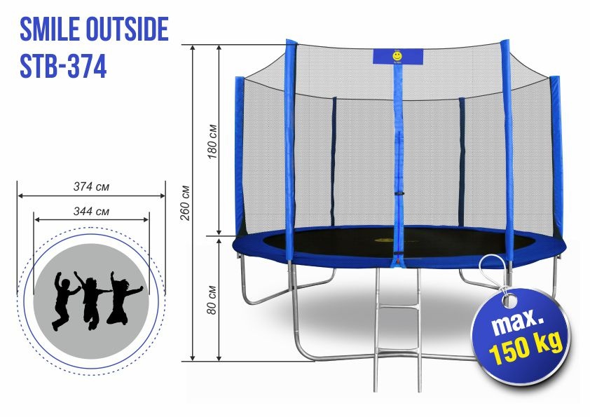 Батут Smile outside синий 12ft с защитной сеткой и лестницей