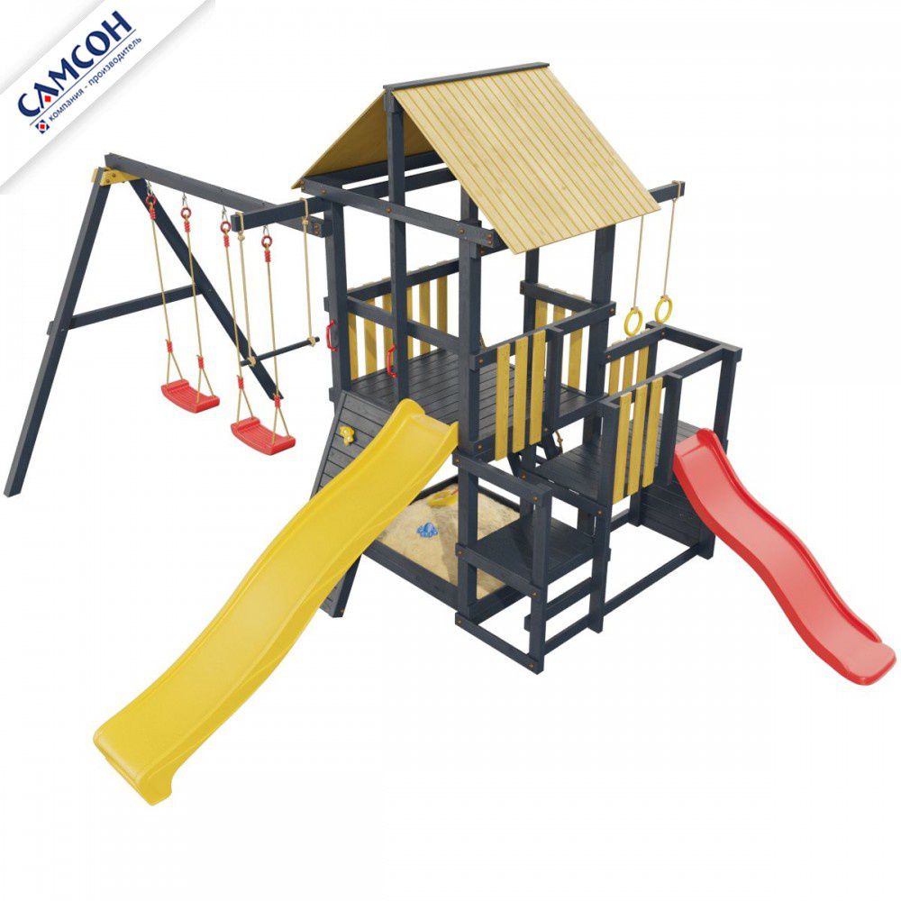 Детская деревянная игровая площадка Самсон Сибирика с 2-я горками (Indigo-Ochre)