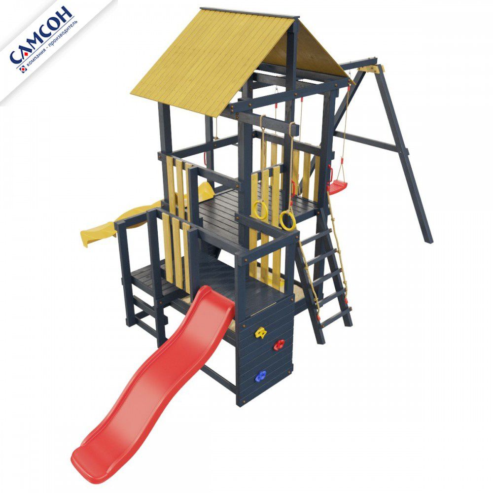 Детская деревянная игровая площадка Самсон Сибирика с 2-я горками (Indigo-Ochre)