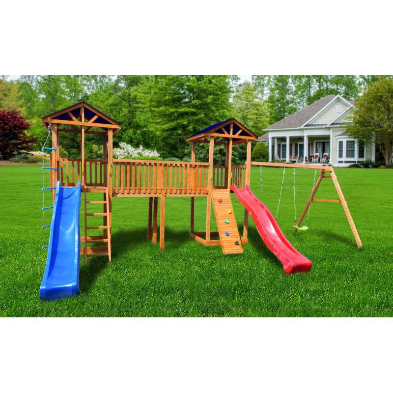 Детская площадка Можга Спортивный городок 6 крыша тент с качелями и узким скалодромом