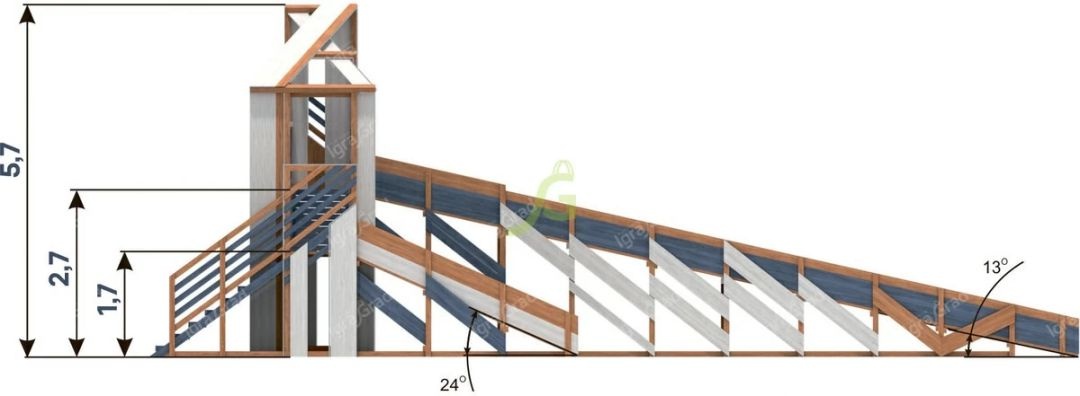 Зимняя деревянная горка IgraGrad Snow Fox 12 м с двумя скатами мод 3